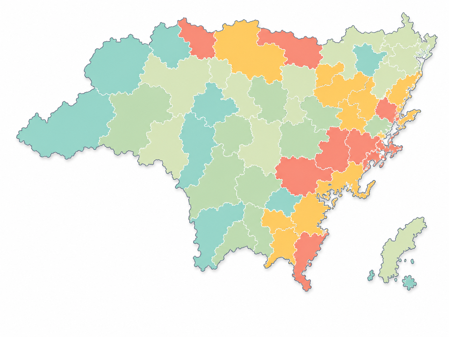 Illustrative administrative choropleth showing population complexity across fictional health-service planning areas