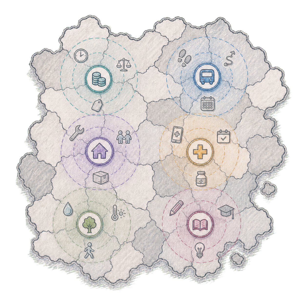Fictional grey service-area map with six coloured determinant hubs and small behaviour symbols